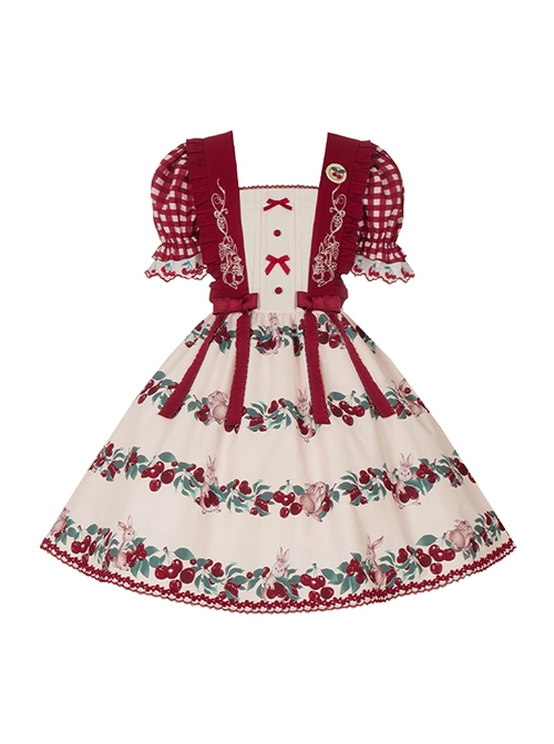 Midsummer Orchard Series Pastoral Style Ruffle Red Cherry Bunny Print Sweet Lolita Checkered Puff Sleeves Dress