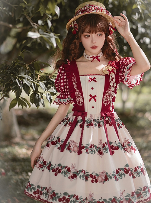 Midsummer Orchard Series Pastoral Style Ruffle Red Cherry Bunny Print Sweet Lolita Checkered Puff Sleeves Dress