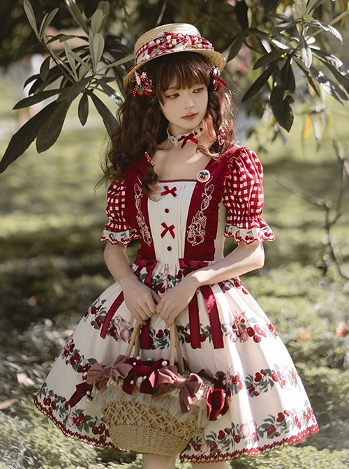 Midsummer Orchard Series Pastoral Style Ruffle Red Cherry Bunny Print Sweet Lolita Checkered Puff Sleeves Dress