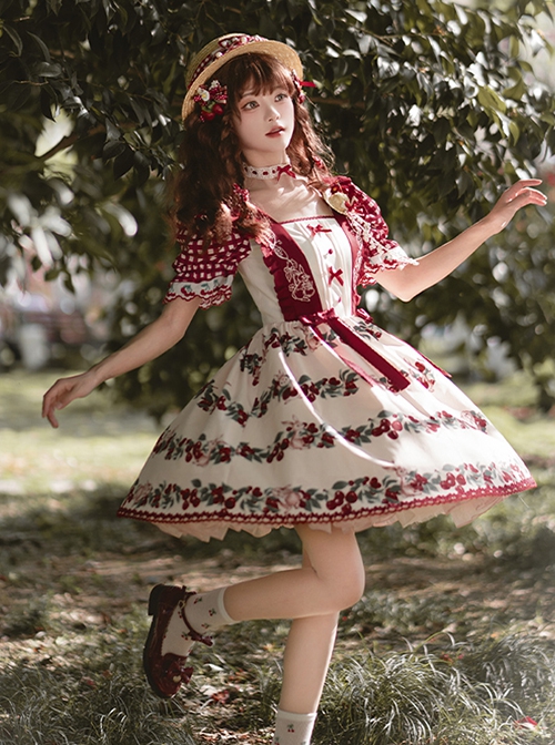 Midsummer Orchard Series Pastoral Style Ruffle Red Cherry Bunny Print Sweet Lolita Checkered Puff Sleeves Dress