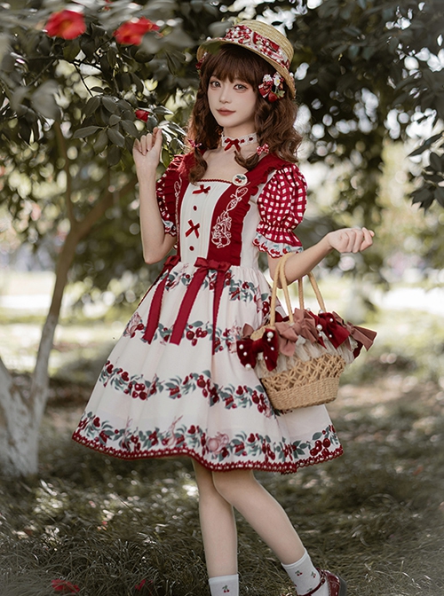 Midsummer Orchard Series Pastoral Style Ruffle Red Cherry Bunny Print Sweet Lolita Checkered Puff Sleeves Dress