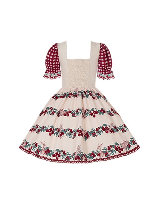 Midsummer Orchard Series Pastoral Style Ruffle Red Cherry Bunny Print Sweet Lolita Checkered Puff Sleeves Dress