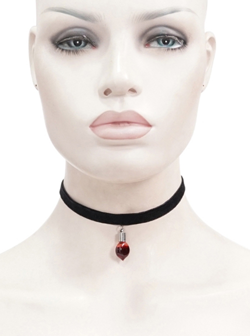Gothic Style Simple Flocking Ribbon With Love Glass Pendant Decoration Black Adjustable Necklace