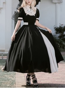 Black White French Square Collar High Waist Detachable Clock Fake Collar Classic Lolita Puff Sleeves Long Dress