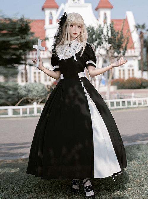 Black White French Square Collar High Waist Detachable Clock Fake Collar Classic Lolita Puff Sleeves Long Dress