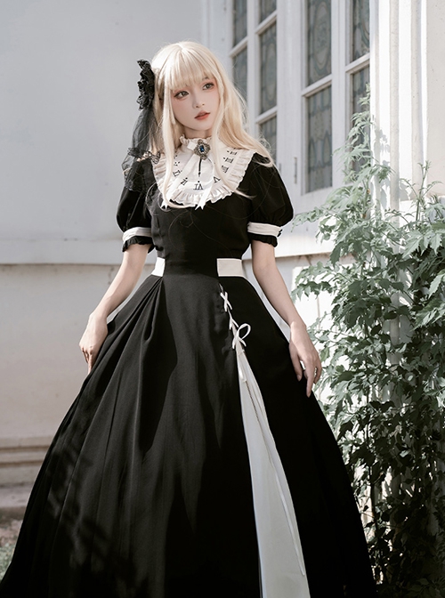 Black White French Square Collar High Waist Detachable Clock Fake Collar Classic Lolita Puff Sleeves Long Dress