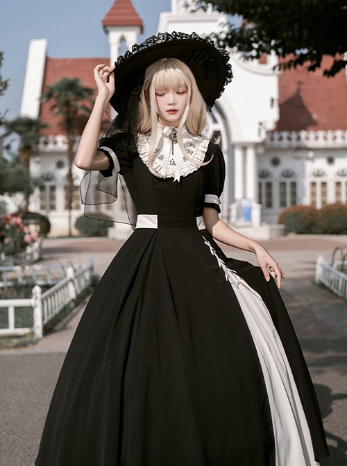 Black White French Square Collar High Waist Detachable Clock Fake Collar Classic Lolita Puff Sleeves Long Dress