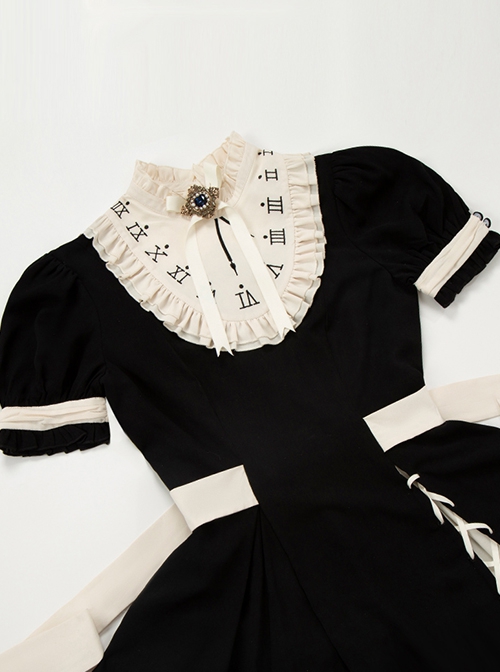 Black White French Square Collar High Waist Detachable Clock Fake Collar Classic Lolita Puff Sleeves Long Dress