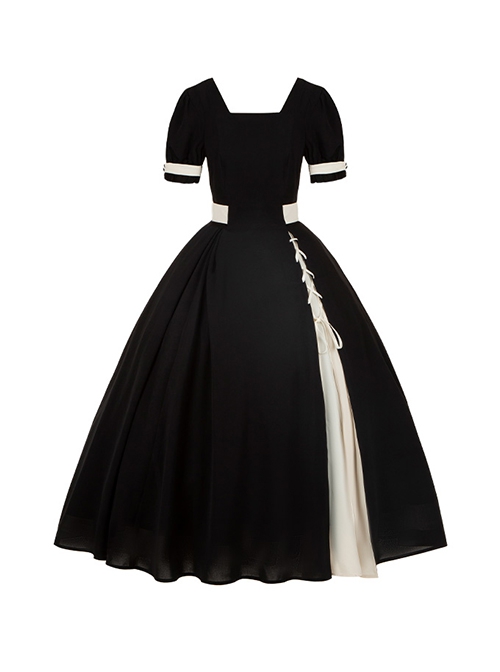 Black White French Square Collar High Waist Detachable Clock Fake Collar Classic Lolita Puff Sleeves Long Dress