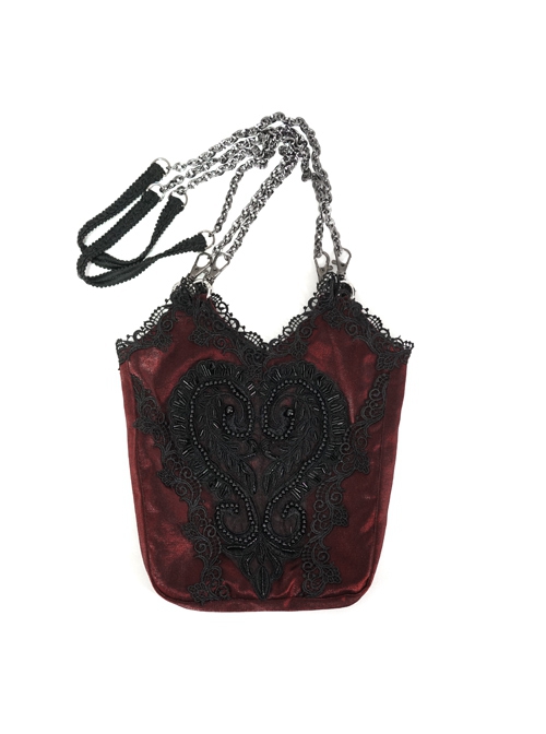 Gothic Style Lace Applique Beaded Front Center Decoration Adjustable Strap Red Daily Simple Bag