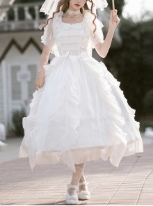 Fairy Summer White Mesh Yarn Flower Wedding Classic Lolita Puff Sleeves Bowknot Doll Collar Dress