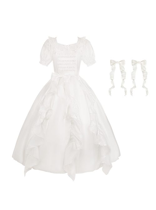 Fairy Summer White Mesh Yarn Flower Wedding Classic Lolita Puff Sleeves Bowknot Doll Collar Dress