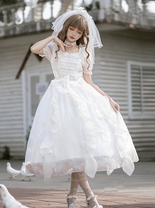 Fairy Summer White Mesh Yarn Flower Wedding Classic Lolita Puff Sleeves Bowknot Doll Collar Dress