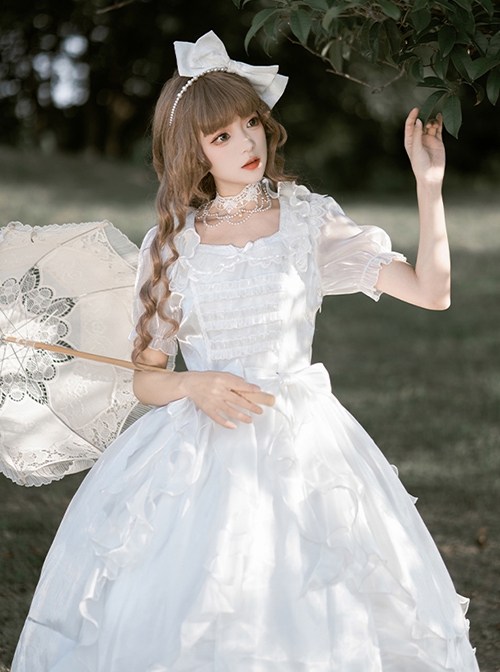 Fairy Summer White Mesh Yarn Flower Wedding Classic Lolita Puff Sleeves Bowknot Doll Collar Dress