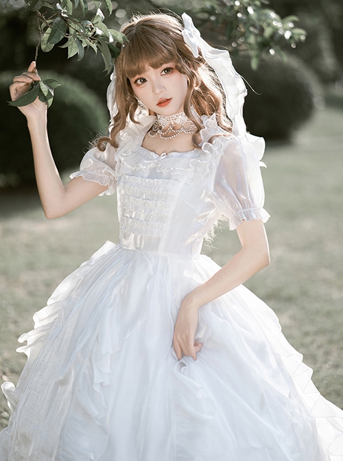 Fairy Summer White Mesh Yarn Flower Wedding Classic Lolita Puff Sleeves Bowknot Doll Collar Dress