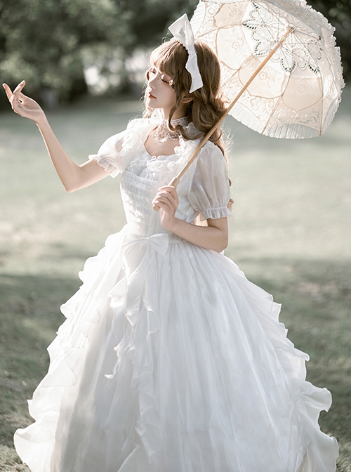 Fairy Summer White Mesh Yarn Flower Wedding Classic Lolita Puff Sleeves Bowknot Doll Collar Dress