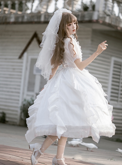 Fairy Summer White Mesh Yarn Flower Wedding Classic Lolita Puff Sleeves Bowknot Doll Collar Dress