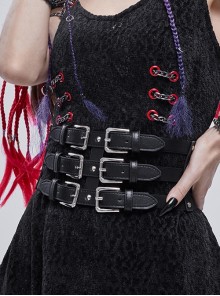 Punk Style Personality Adjustable Metal Three Breasted Buckle Splicing Composite PU Leather Black Daily Belt