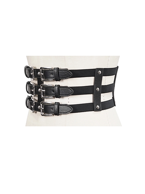 Punk Style Personality Adjustable Metal Three Breasted Buckle Splicing Composite PU Leather Black Daily Belt