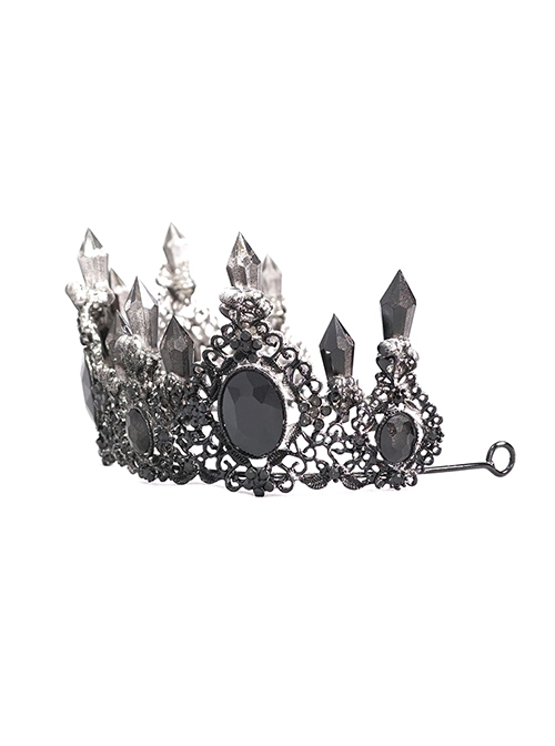 Gothic Style Gorgeous Crystal Diamond With Metal Spike Three Dimensional Pattern Black Crown Headdress