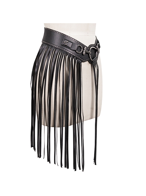 Punk Style Personalized Metal Buckle With Black Tassel PU Leather Adjustable Leather Belt