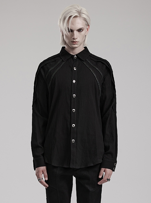 Gothic Style Lapel Exquisite Metal Frame Gemstone Button Woven Webbing Trim Black Male Long Sleeves Shirt