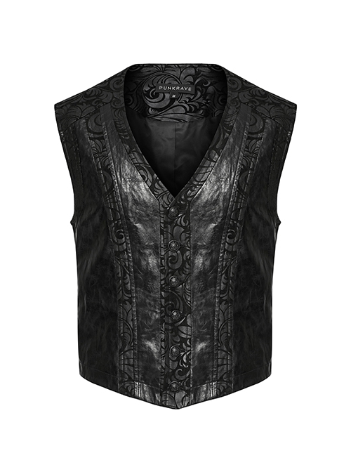 Gothic Style Elegant V Neck Vintage Metal Button Exquisite Velvet Dark Pattern Stitching Leather Black Vest