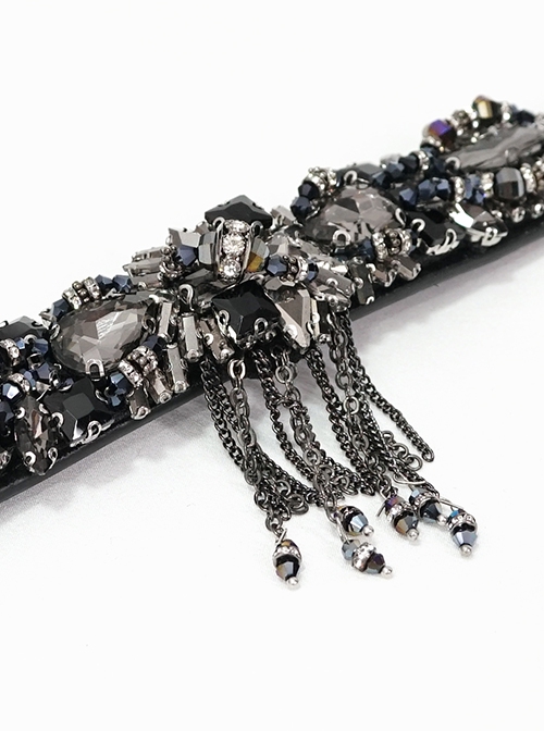 Gothic Style Hand-Sewn Gorgeous Colored Diamonds With Tassel Pendants Black Elastic Belt