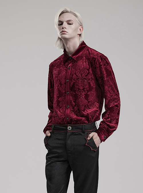Gothic Style Luxurious Velvet Embossed Vintage Gem Buttons Elegant Court Red Long Sleeves Male Shirt