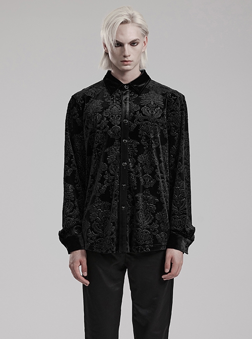 Gothic Style Lapel Unique Embossed Velvet Fabric Gorgeous Gemstone Button Black Long Sleeves Shirt