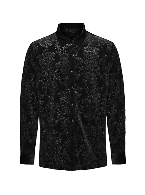 Gothic Style Lapel Unique Embossed Velvet Fabric Gorgeous Gemstone Button Black Long Sleeves Shirt