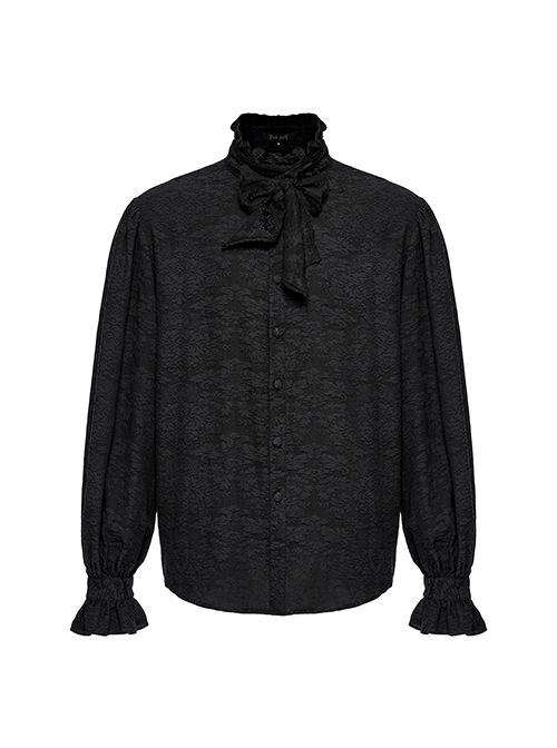 Gothic Style Ruffled Stand Collar Removable Bow Tie Cotton Jacquard Fabric Vintage Black Long Sleeves Shirt