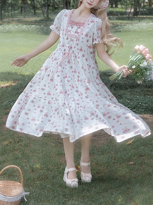 Jenny'S Dream Series Dreamlike Sweet Pink Square Collar Ruffle Small Florals Classic Lolita Puff Sleeve Loose Dress