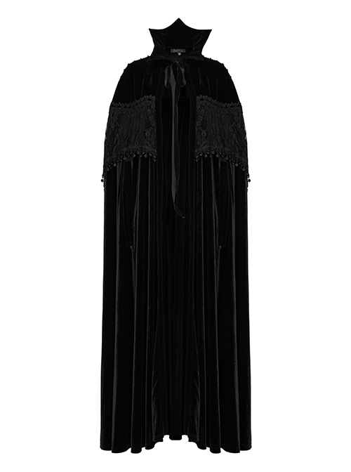 Gothic Style Unique Bat Collar Gorgeous Lace Appliques Splicing Retro Velvet Mysterious Black Cloak
