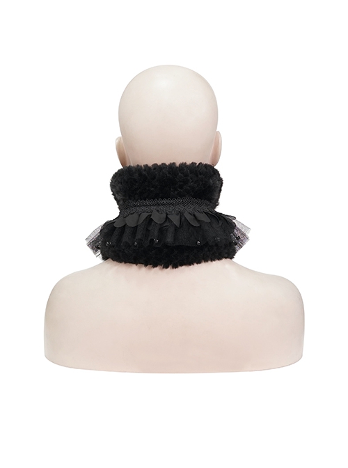 Gothic Style Soft Grain Plush With Detachable Lace Tie Black Velvet Scarf