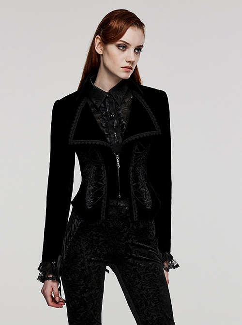 Gothic Style Elegant Large Lapel Gorgeous Lace Applique Vintage Velvet Black Slim Long Sleeves Tuxedo Coat