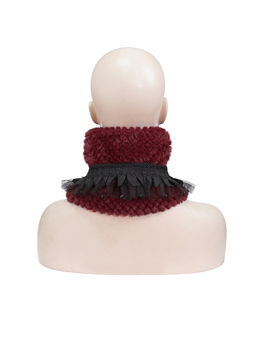 Gothic Style Soft Grain Plush With Detachable Lace Tie Red Velvet Scarf