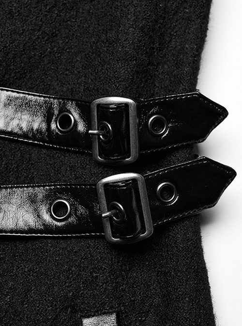 Punk Style Unique Wool Leather Stitching Bat Wing Shape Metal Rivet Decoration Black Slim Long Coat