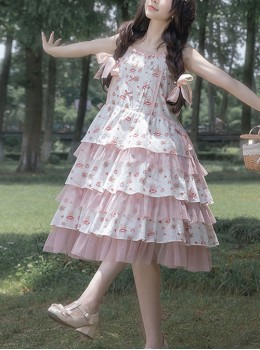 Jenny'S Dream Series Pastoral Style Dreamlike Sweet Pink Mesh Yarn Small Florals Classic Lolita Sundress