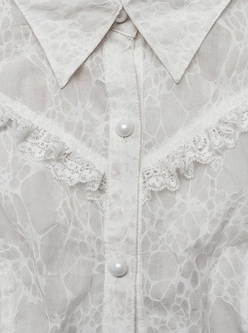 Gothic Style Elegant Lace Ruffles With Exquisite Pearl Buttons Retro White Long Puff Sleeves Slim Shirt