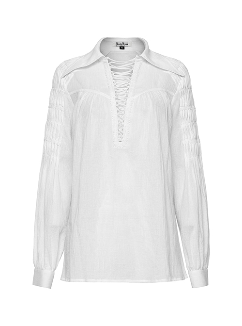 Gothic Style Sexy Deep V Neck Textured Cotton Fabric Thin Velvet Drawstring White Long Sleeves Loose Shirt