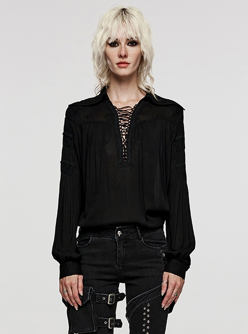 Gothic Style Sexy Deep V Neck Thin Velvet Drawstring Textured Cotton Vintage Black Long Sleeves Shirt