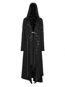 Punk Style Cool Decadent Knitted Ripped Irregular Hem Retro Metal Buckle Black Long Sleeves Hooded Jacket