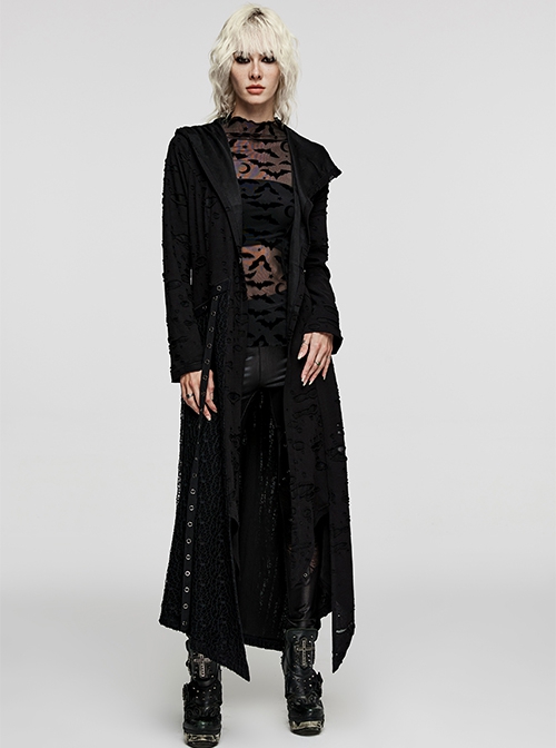 Punk Style Cool Decadent Knitted Ripped Irregular Hem Retro Metal Buckle Black Long Sleeves Hooded Jacket