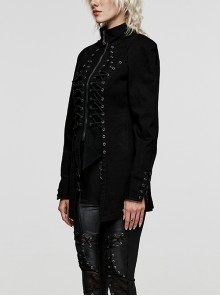Punk Style Stand-Up Collar Cool Metal Eyelet Drawstring Decoration Denim Material Black Long Sleeves Jacket