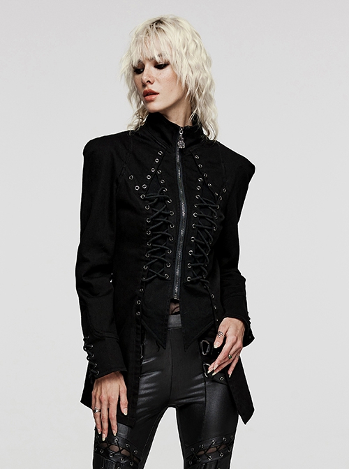 Punk Style Stand-Up Collar Cool Metal Eyelet Drawstring Decoration Denim Material Black Long Sleeves Jacket