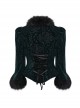 Gothic Style Plush Splicing Exquisite Woven Button Black Velvet Dark Pattern Retro Dark Green Slim Short Coat