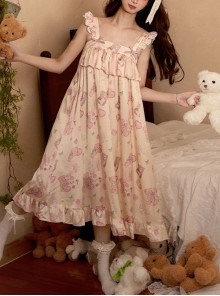 Sleepy Bear Series Apricot Small Flying Sleeve Ruffle Ribbon Suspender Nightdress Loose Sweet Lolita Dress