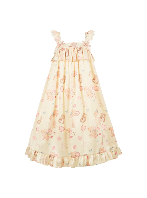 Sleepy Bear Series Apricot Small Flying Sleeve Ruffle Ribbon Suspender Nightdress Loose Sweet Lolita Dress