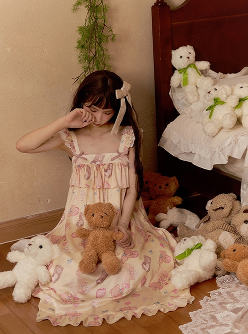 Sleepy Bear Series Apricot Small Flying Sleeve Ruffle Ribbon Suspender Nightdress Loose Sweet Lolita Dress